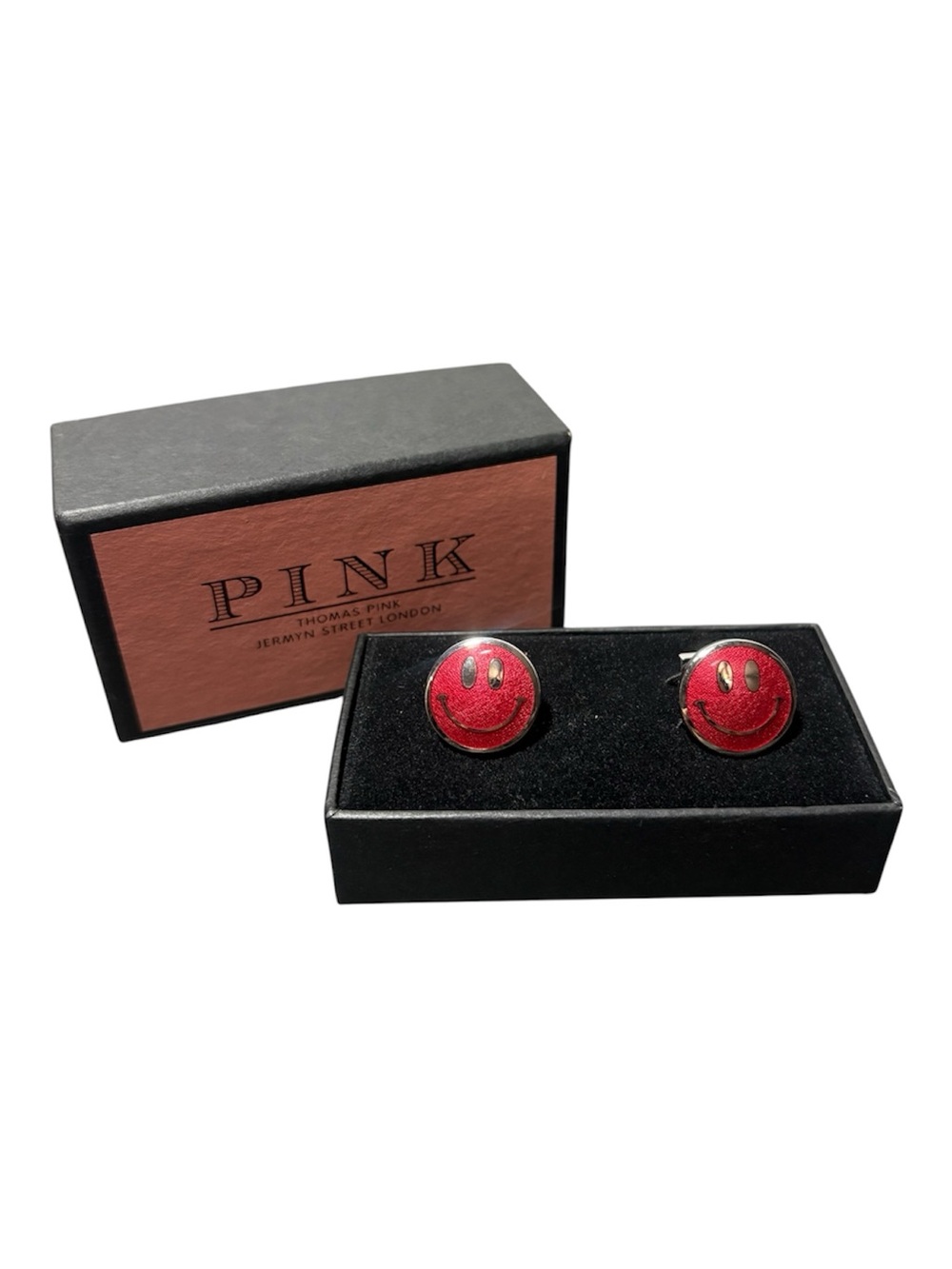 THOMAS PINK Jermyn Street London Red Smiley Face Enamel Cufflinks with Box